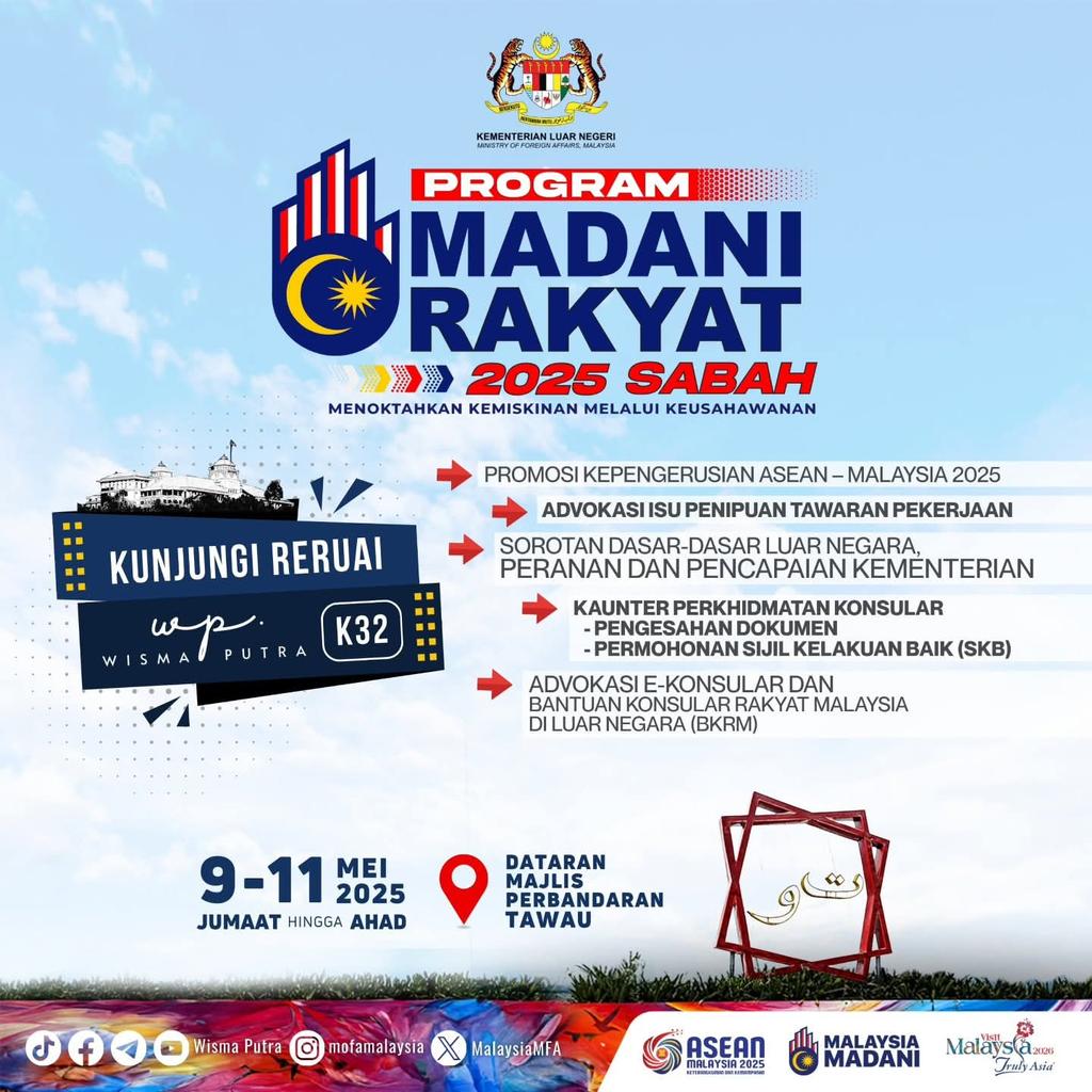 MalaysiaMFA's tweet image. Hello Tawau!

Tinggal sehari sahaja lagi sebelum #ProgramMADANIRakyat membuka tirai di Pantai Timur Sabah!

Wisma Putra akan turut serta dengan menawarkan pelbagai perkhidmatan Kementerian, aktiviti menarik, sesi interaktif &amp;amp; kuiz berinformasi - untuk merakyatkan diplomasi! (1/3)