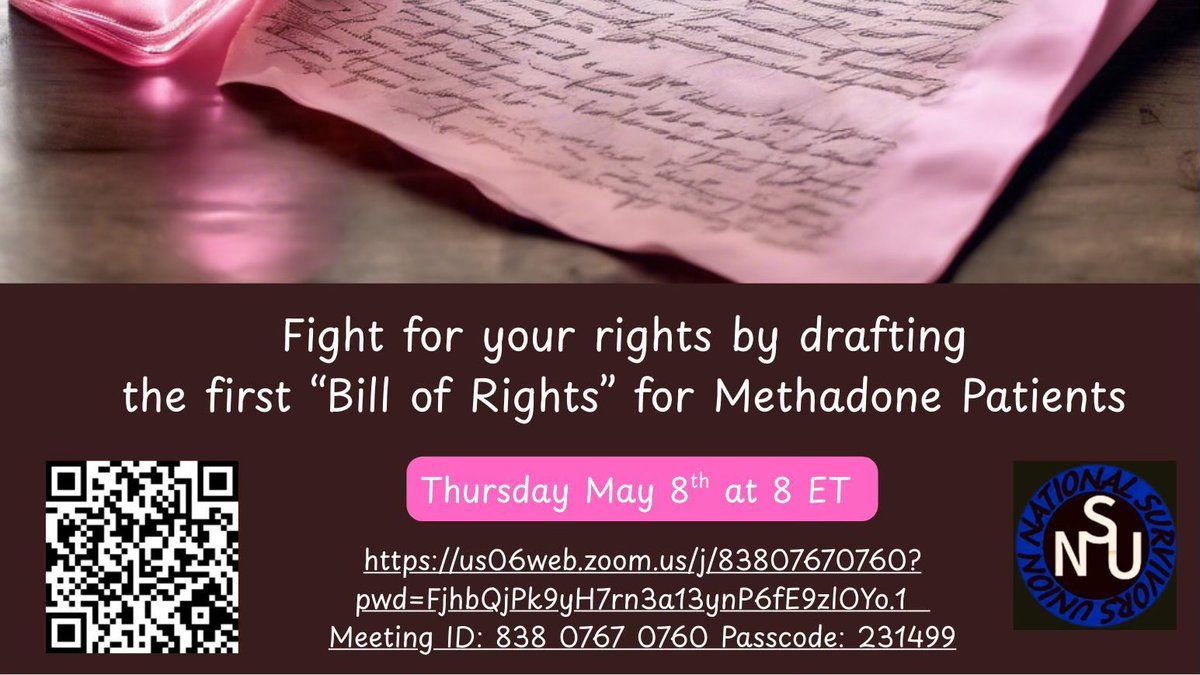 Join us tomorrow, 5/8, 8 PM ET, for Naturally Noncompliant--NSU's methadone reform call, for  ex/ current methadone patients and their allies! We'll be working on our patients' bill of right project. us06web.zoom.us/j/83807670760?…
Meeting ID: 838 0767 0760
Passcode: 231499