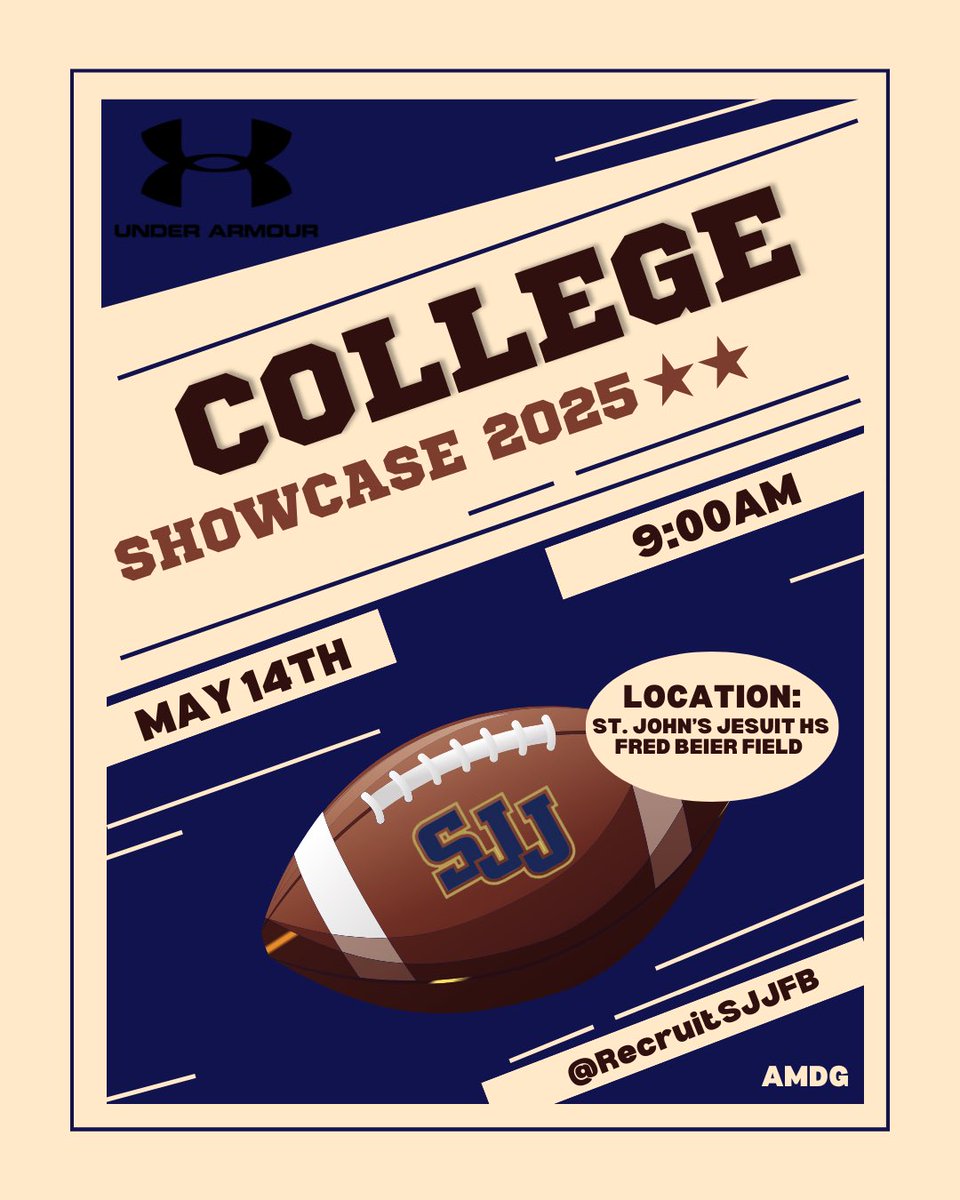 St. John's Jesuit Football Recruiting (@recruitsjjfb) on Twitter photo 🏈 College Football Coaches! 🏈
St. John’s Jesuit HS is hosting our annual College Showcase on May 14th at 9:00 AM.
📍 Fred Beier Field, St. John’s Jesuit HS
DM <a href="/RecruitSJJFB/">St. John's Jesuit Football Recruiting</a> for details.
#RecruitSJJ #ToledoCollegeShowcase 🏈 College Football Coaches! 🏈
St. John’s Jesuit HS is hosting our annual College Showcase on May 14th at 9:00 AM.
📍 Fred Beier Field, St. John’s Jesuit HS
DM <a href="/RecruitSJJFB/">St. John's Jesuit Football Recruiting</a> for details.
#RecruitSJJ #ToledoCollegeShowcase