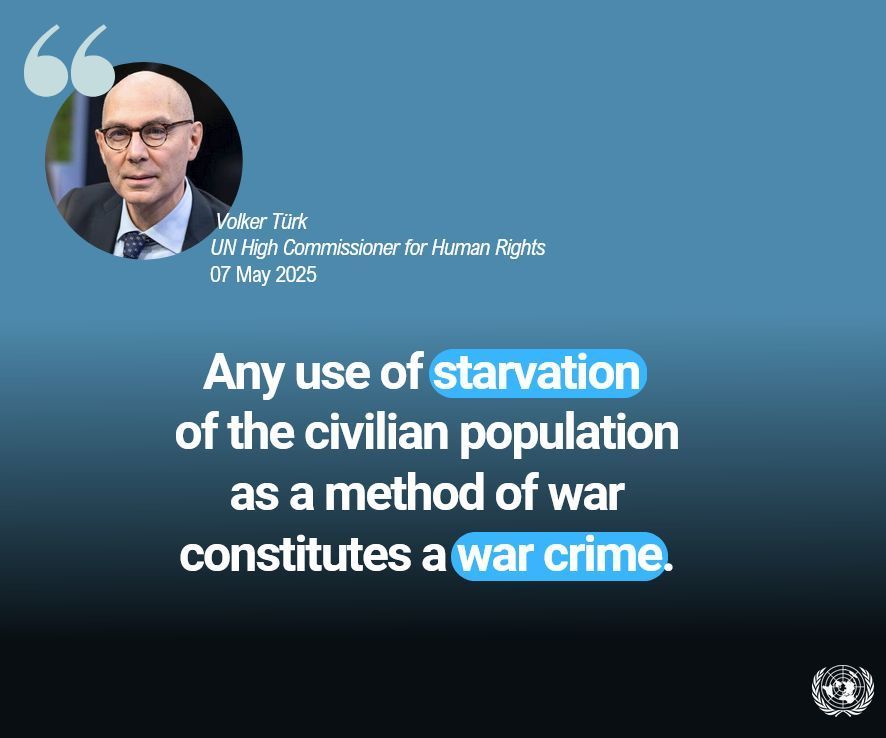 "Expanding the offensive on #Gaza will almost certainly cause further mass displacement, more deaths and injuries of innocent civilians [...]. 

Any use of starvation of the civilian population as a method of war constitutes a war crime." - <a href="/volker_turk/">Volker Türk</a>

buff.ly/U9wsHmm