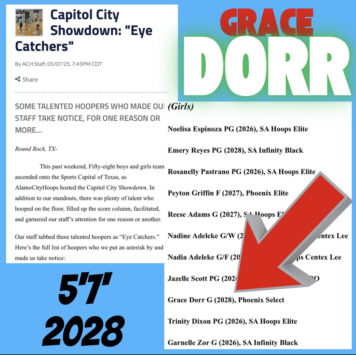 5’7” 2028 Guard <a href="/GraceDorr2/">Grace Dorr</a> 
Thank you <a href="/ACH_GBB/">Alamo City Hoops GBB</a> 
<a href="/VandegriftGBB/">Vandegrift Girls Basketball</a> 
<a href="/Coach_VaL/">Valerie Huizar</a> <a href="/CoachJJRiehlSEU/">JJ Riehl</a> <a href="/Brenita33/">Brenita Jackson</a> <a href="/coachtaymiller/">Coach Taylor Miller</a> <a href="/coach_bigott/">Coach Brittany Bigott</a> <a href="/UWFCoachSLY/">Stephanie Yelton</a>