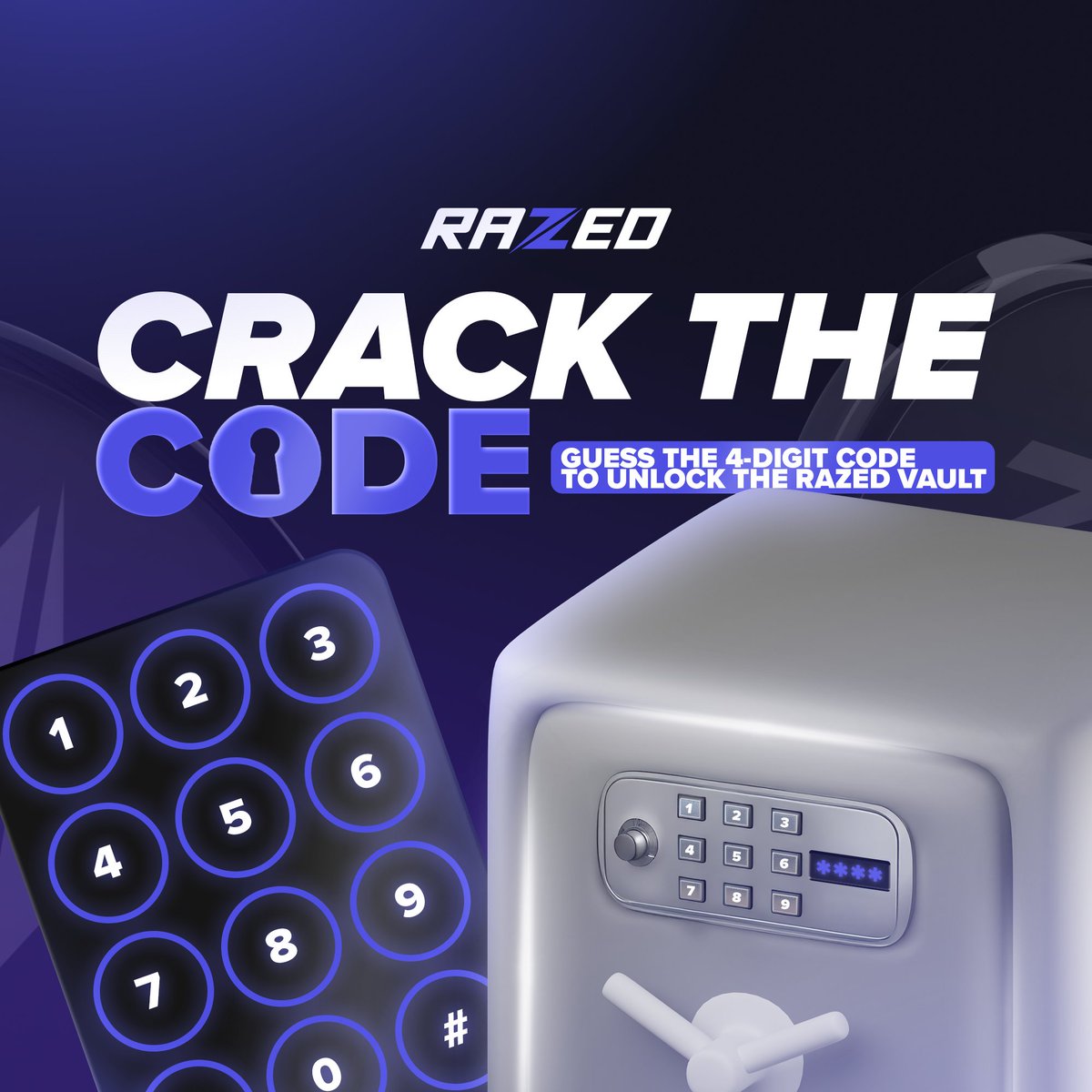 Razedcom's tweet image. 🔒 CRACK THE CODE 🔒
Guess the 4-digit code to unlock the vault for a prize💰🔢
One guess per person.