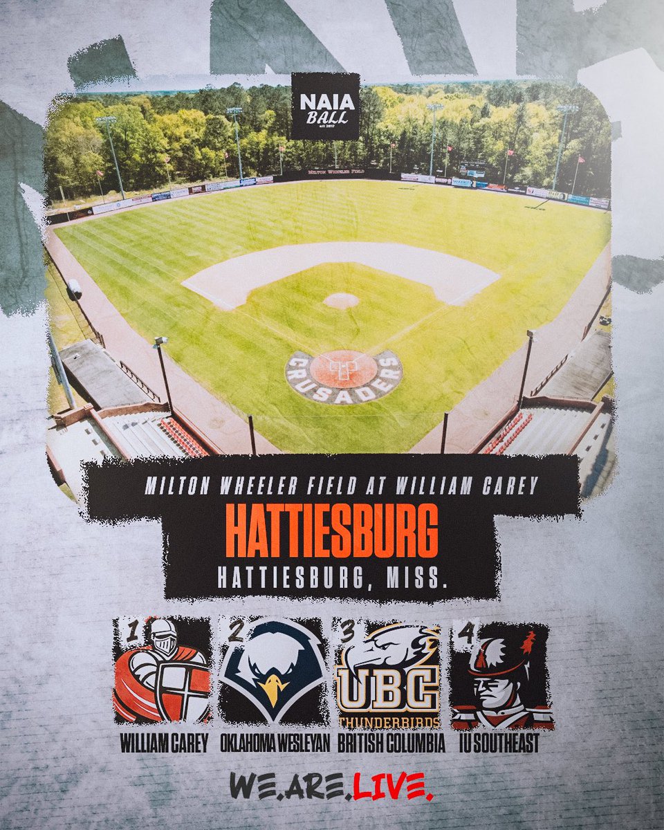 NAIA Ball (@naiaball) on Twitter photo π¨ The Field is set for the 2025 NAIA Baseball Opening Round
Hattiesburg Bracket
#NAIABall
1. <a href="/WmCareyBSB/">William Carey University Baseball</a>
2. <a href="/OKWUeagles_BSB/">Oklahoma Wesleyan Baseball</a>
3. <a href="/ubc_baseball/">UBC Baseball</a>
4. <a href="/IUSAthletics/">Grenadier Athletics</a>
(1/10) π¨ The Field is set for the 2025 NAIA Baseball Opening Round
Hattiesburg Bracket
#NAIABall
1. <a href="/WmCareyBSB/">William Carey University Baseball</a>
2. <a href="/OKWUeagles_BSB/">Oklahoma Wesleyan Baseball</a>
3. <a href="/ubc_baseball/">UBC Baseball</a>
4. <a href="/IUSAthletics/">Grenadier Athletics</a>
(1/10)