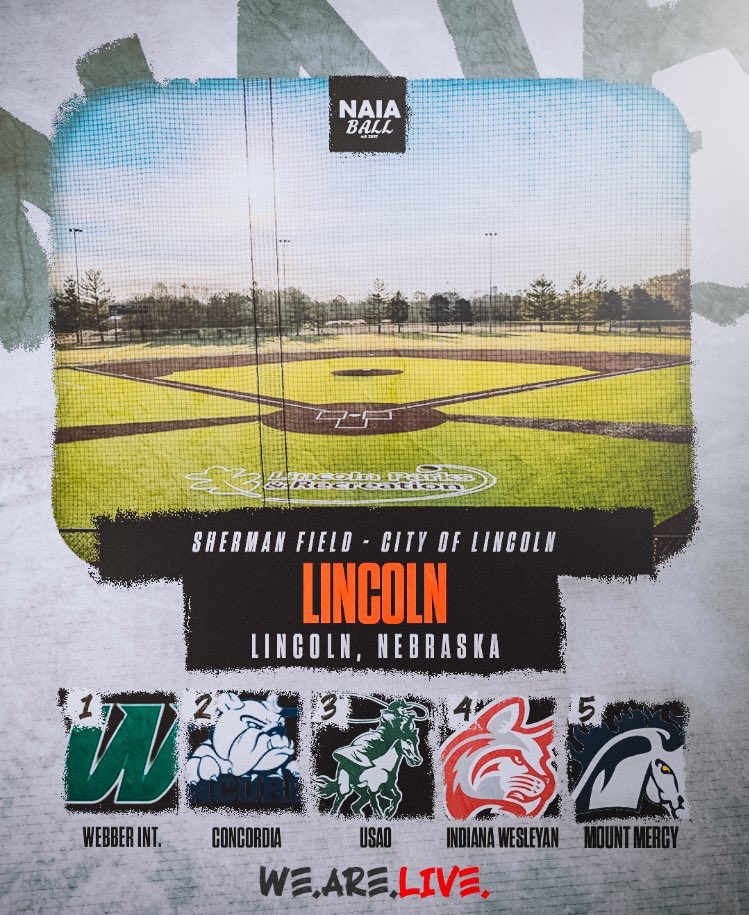 NAIA Ball (@naiaball) on Twitter photo Lincoln Bracket
#NAIABall
1. <a href="/webber_bsb/">Webber Baseball</a>
2. <a href="/cunebaseball/">Bulldog Baseball</a>
3. <a href="/DroverAthletics/">USAO Drover Athletics</a>
4. <a href="/indwesbaseball/">IWU Wildcat Baseball</a>
5. <a href="/Go_Mustangs/">Mount Mercy Mustangs</a>
(6/10) Lincoln Bracket
#NAIABall
1. <a href="/webber_bsb/">Webber Baseball</a>
2. <a href="/cunebaseball/">Bulldog Baseball</a>
3. <a href="/DroverAthletics/">USAO Drover Athletics</a>
4. <a href="/indwesbaseball/">IWU Wildcat Baseball</a>
5. <a href="/Go_Mustangs/">Mount Mercy Mustangs</a>
(6/10)