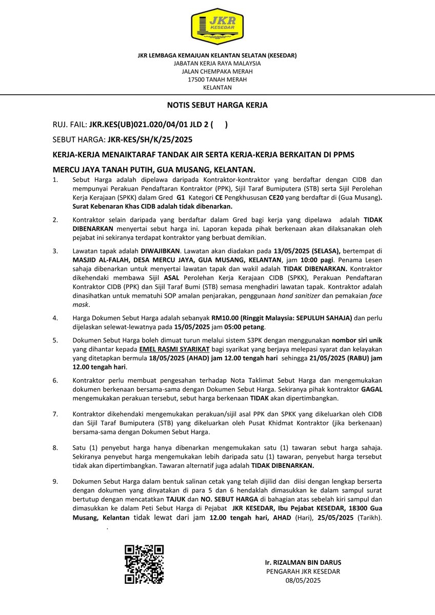 JKRKESEDAR (@jkrkesedar) on Twitter photo KERJA-KERJA MENAIKTARAF TANDAK AIR SERTA KERJA-KERJA BERKAITAN DI PPMS MERCU JAYA TANAH PUTIH, GUA MUSANG, KELANTAN.
Penyertaan sebutharga ini adalah melalui Sistem Perolehan Sebutharga secara atas talian melalui pautan berikut s3pk.jkr.gov.my KERJA-KERJA MENAIKTARAF TANDAK AIR SERTA KERJA-KERJA BERKAITAN DI PPMS MERCU JAYA TANAH PUTIH, GUA MUSANG, KELANTAN.
Penyertaan sebutharga ini adalah melalui Sistem Perolehan Sebutharga secara atas talian melalui pautan berikut s3pk.jkr.gov.my