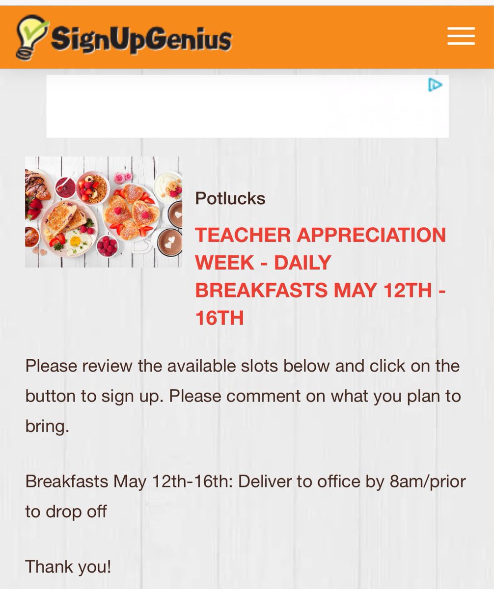 Teacher Appreciation Luncheon/Breakfasts signs up here for next week!!!
Daily breakfast: m.signupgenius.com/#!/showSignUp/…
Teacher Appreciation Luncheon - Wednesday , May 14: m.signupgenius.com/#!/showSignUp/…