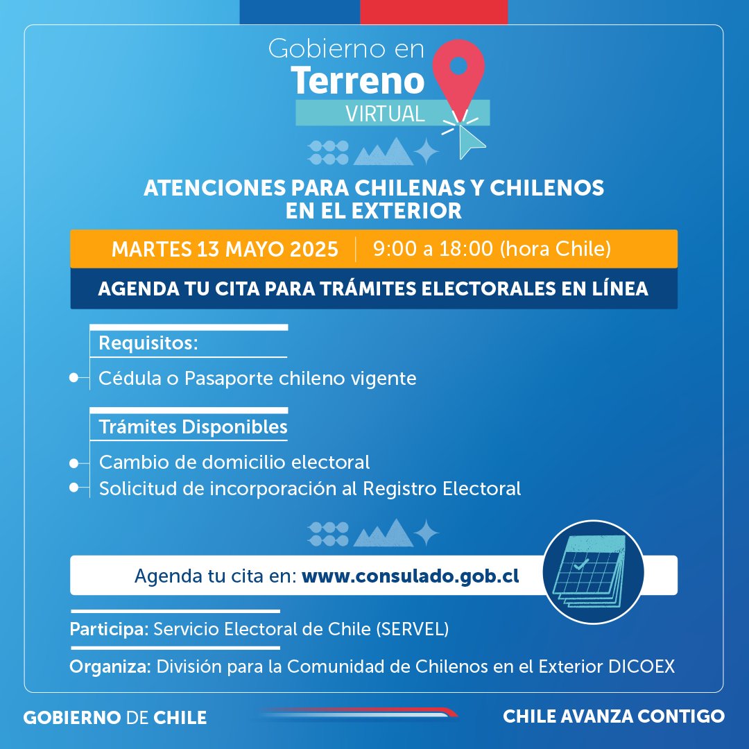 #GobiernoEnTerrenoVirtual I 🗳️ ¿Aún no haces el cambio de domicilio o inscripción al Registro Electoral?

📢El 13 de mayo conéctate con funcionarios de <a href="/ServelChile/">Servicio Electoral</a> y realiza tus trámites electorales

Inscripciones aquí ➡️
consulado.gob.cl/comunidades/ac…