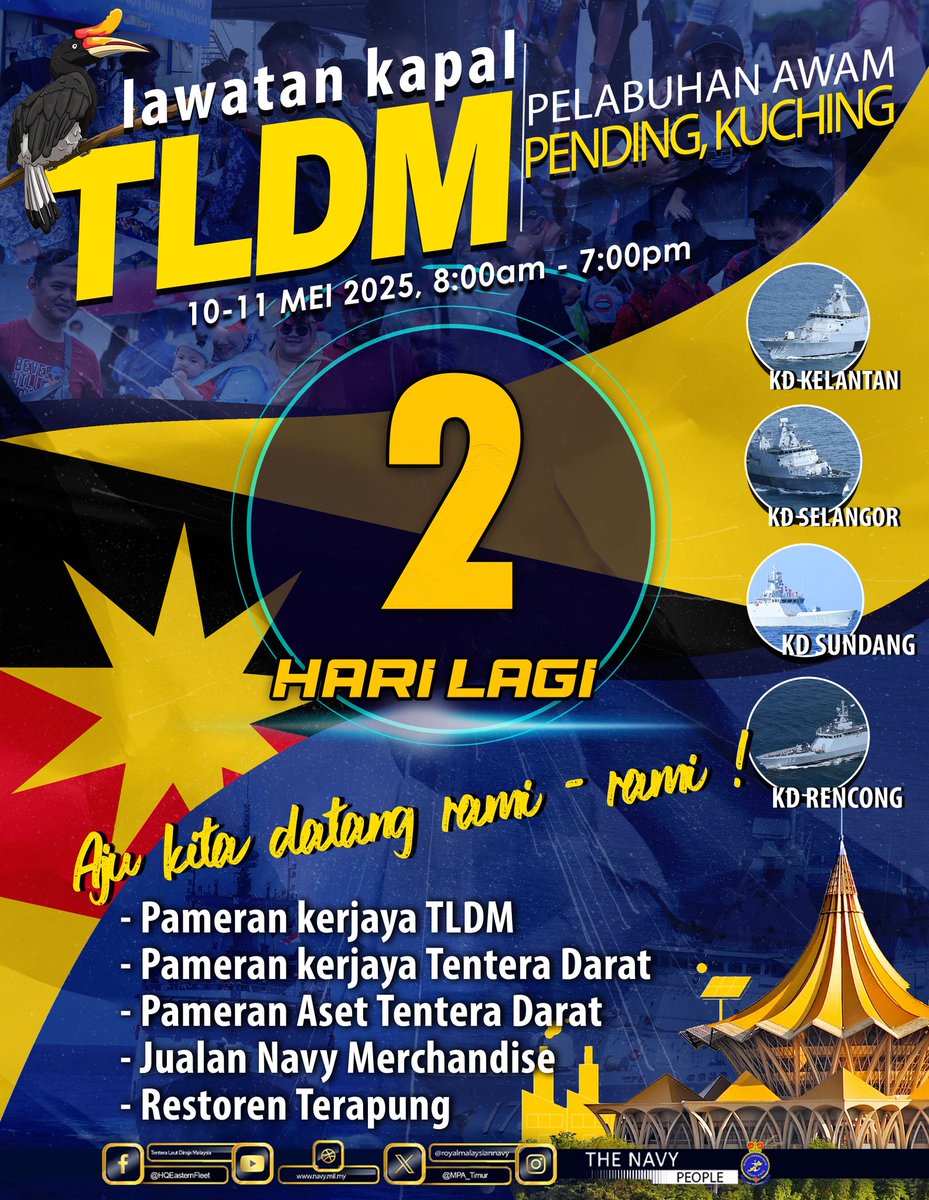 TINGGAL 2 ARI GIK! ⚓️🇲🇾

Lan kita rami-rami menoh Pelabuhan Awam Pending nangga kapal-kapal sidak Navy, Sabtu dengan Ahad tok. Jangan leka, kelak kita bertemu di sia! 

🗓️ 10-11 Mei 2025 (Sabtu-Ahad)
⌚️ 8.00 pagi - 7.00 malam
📍 Pelabuhan Awam Pending (Pending Port, Kuching)