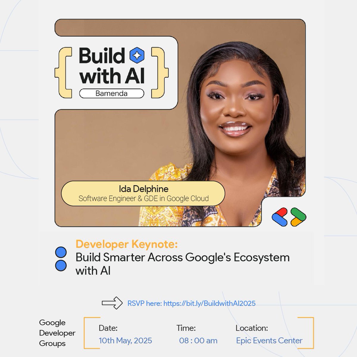 Don't miss <a href="/idadelveloper/">Ida Delphine ☁️</a> , Google Cloud GDE, at #BuildWithAI2025!  Get insider tips on leveraging AI in Google's ecosystem, and practical strategies to build smarter &amp; faster. 

RSVP bit.ly/BuildwithAI2025
#BuildwithAI
#BuildwithAIGDGBamenda
#BuildwithAI2025
#GDGBamenda