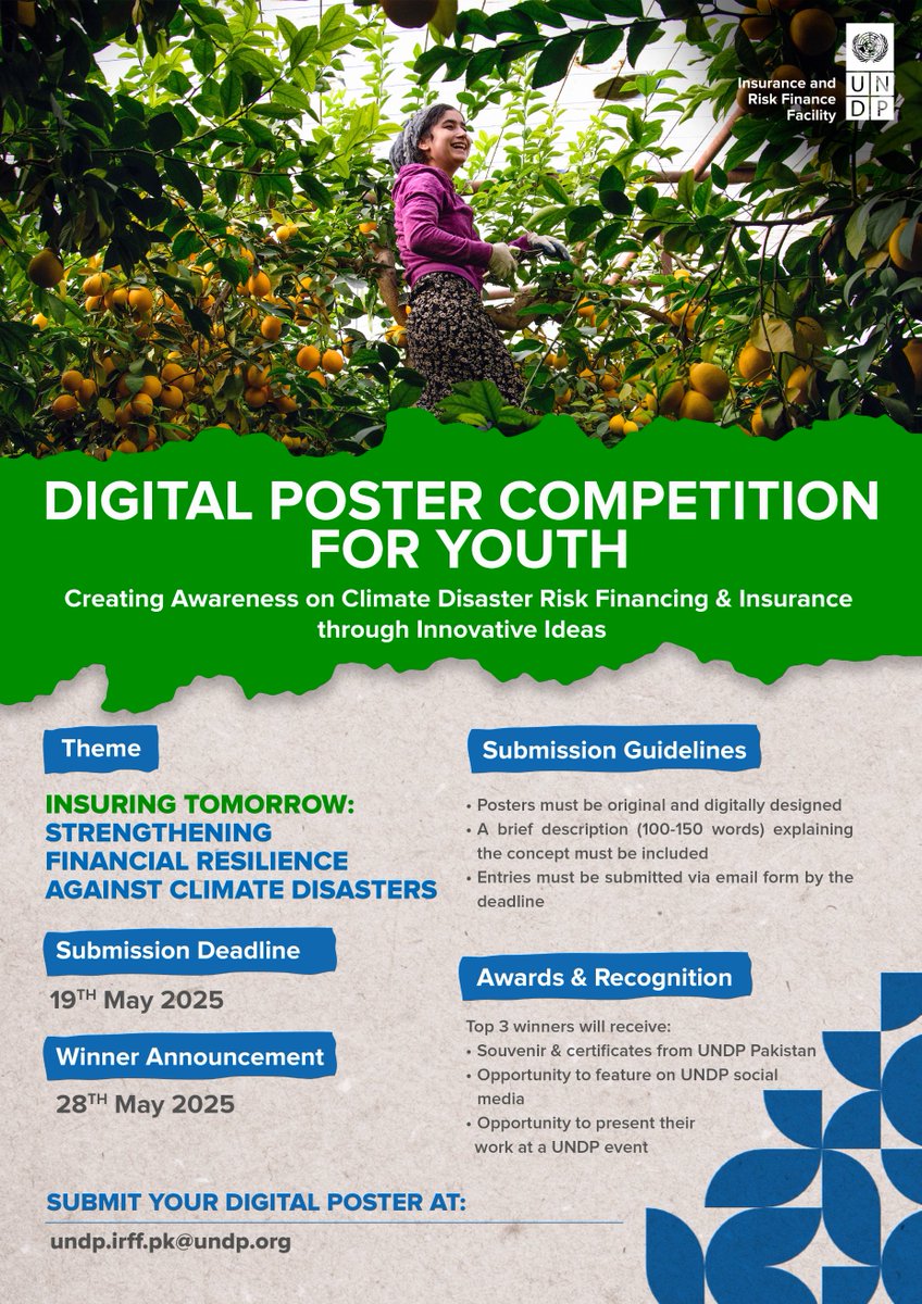 📢 CALLING ALL YOUTH IN PAKISTAN: Design for Climate Resilience!

UNDP Pakistan invites you to participate in the Digital Poster Competition to raise awareness about Climate Disaster Risk Financing &amp; Insurance. 🌱💡

We are looking for your creative solutions to help strengthen