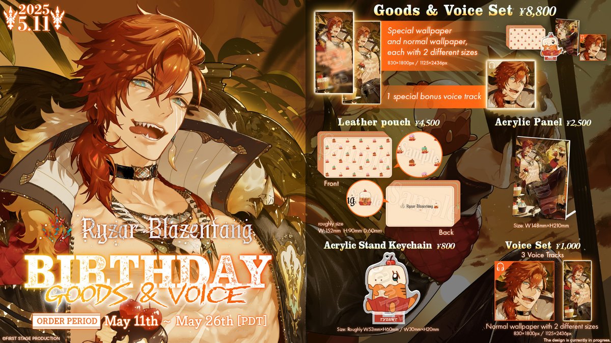 FIRST STAGE PRODUCTION EN (@fsp_english) on Twitter photo 【🎂Ryzar Blazenfang Birthday Goods & Voice🎂】
Are you ready, Ryzawrs?
<a href="/RyzarBlazenfang/">Ryzar Blazenfang 🌋🍖 FIRST STAGE PRODUCTION EN</a> 's birthday merch will be on sale soon!🌋🍖
・Leather pouch
・Acrylic Panel
・Ryzawrs Acrylic Stand Keychain
・Voice set
・Goods & Voice set (with a special bonus voice and 【🎂Ryzar Blazenfang Birthday Goods & Voice🎂】
Are you ready, Ryzawrs?
<a href="/RyzarBlazenfang/">Ryzar Blazenfang 🌋🍖 FIRST STAGE PRODUCTION EN</a> 's birthday merch will be on sale soon!🌋🍖
・Leather pouch
・Acrylic Panel
・Ryzawrs Acrylic Stand Keychain
・Voice set
・Goods & Voice set (with a special bonus voice and
