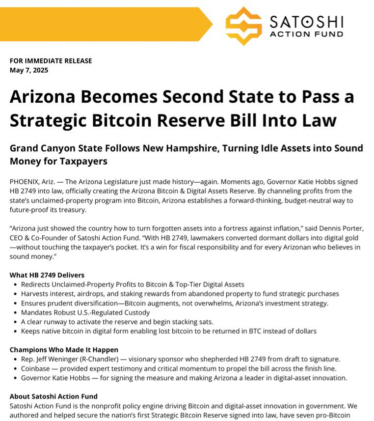 Within 48 hours, two states signed legislation into law to established a ‘Strategic Bitcoin Reserve’.

One Republican Governor
One Democrat Governor

Bitcoin can unite us. 
You are not bullish enough.