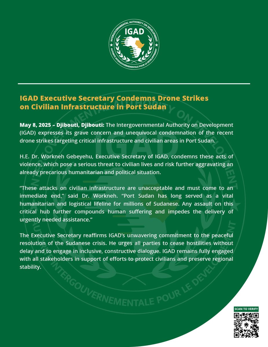 IGADsecretariat's tweet photo. IGAD Executive Secretary, H.E. @DrWorkneh, Condemns Drone Strikes on Civilian Infrastructure in Port Sudan.

Read full statement: https://t.co/W1sQHhivHH https://t.co/LT06CcVVjO