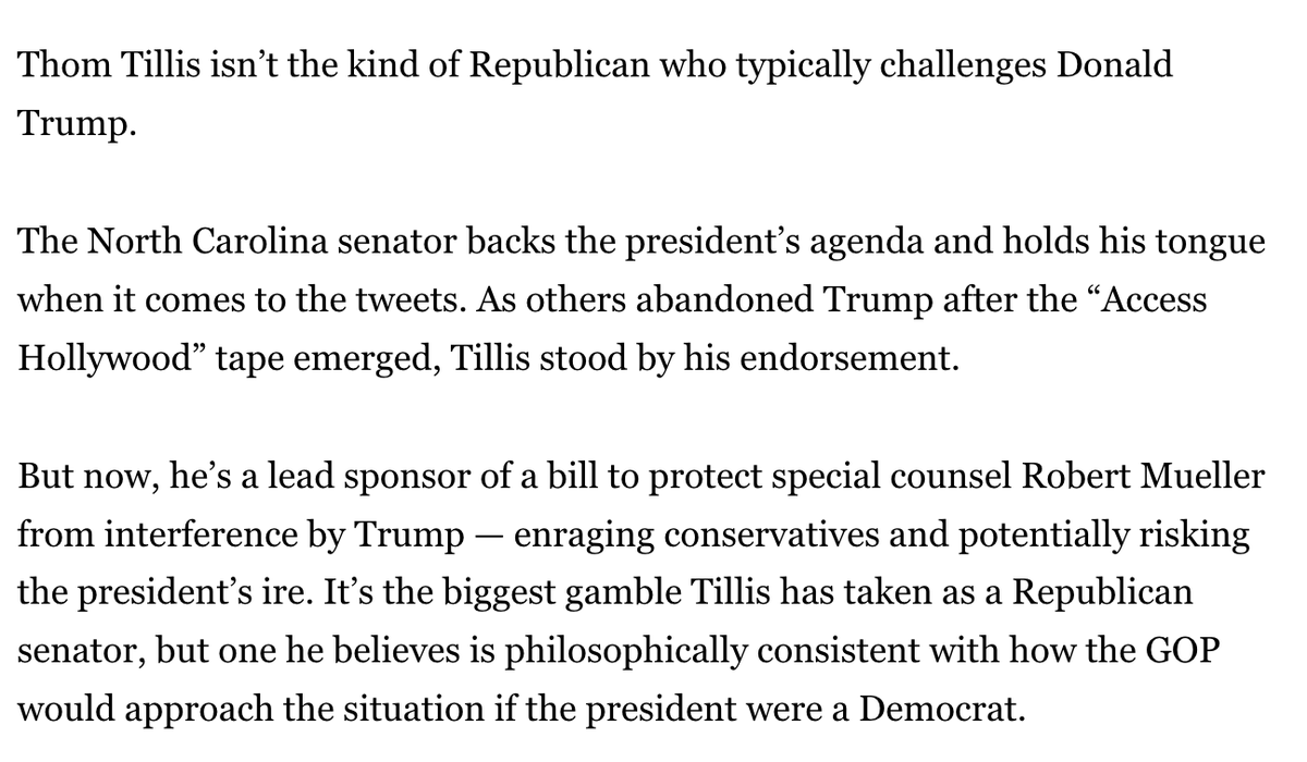 DataRepublican's tweet photo. @USGLC @ThomTillis Tillis, of course, famously disliked Trump - and co-sponsored a bill to protect Mueller from being fired: https://t.co/yA1EkR2blu