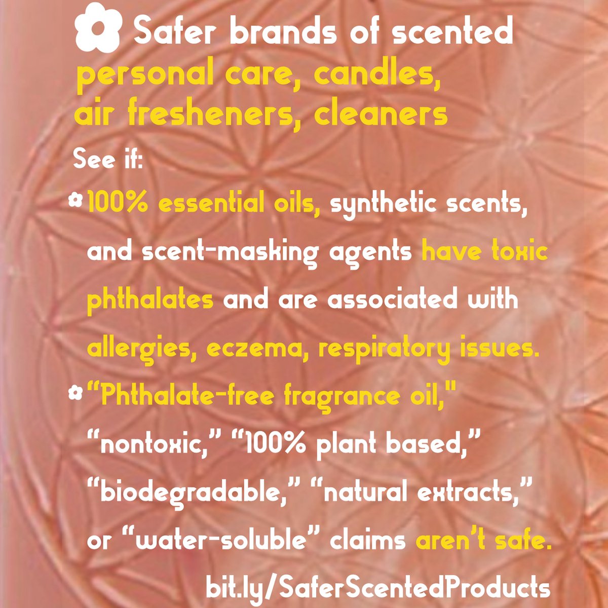 My two "scents" on safer scented skincare, air fresheners, candles, cleaners

See if:

-Essential oils &amp; synthetic scents have toxic phthalates &amp; are linked with allergies, eczema, asthma

-Phthalate-free fragrance oil, nontoxic &amp; other claims aren’t safe

bit.ly/SaferScentedPr…