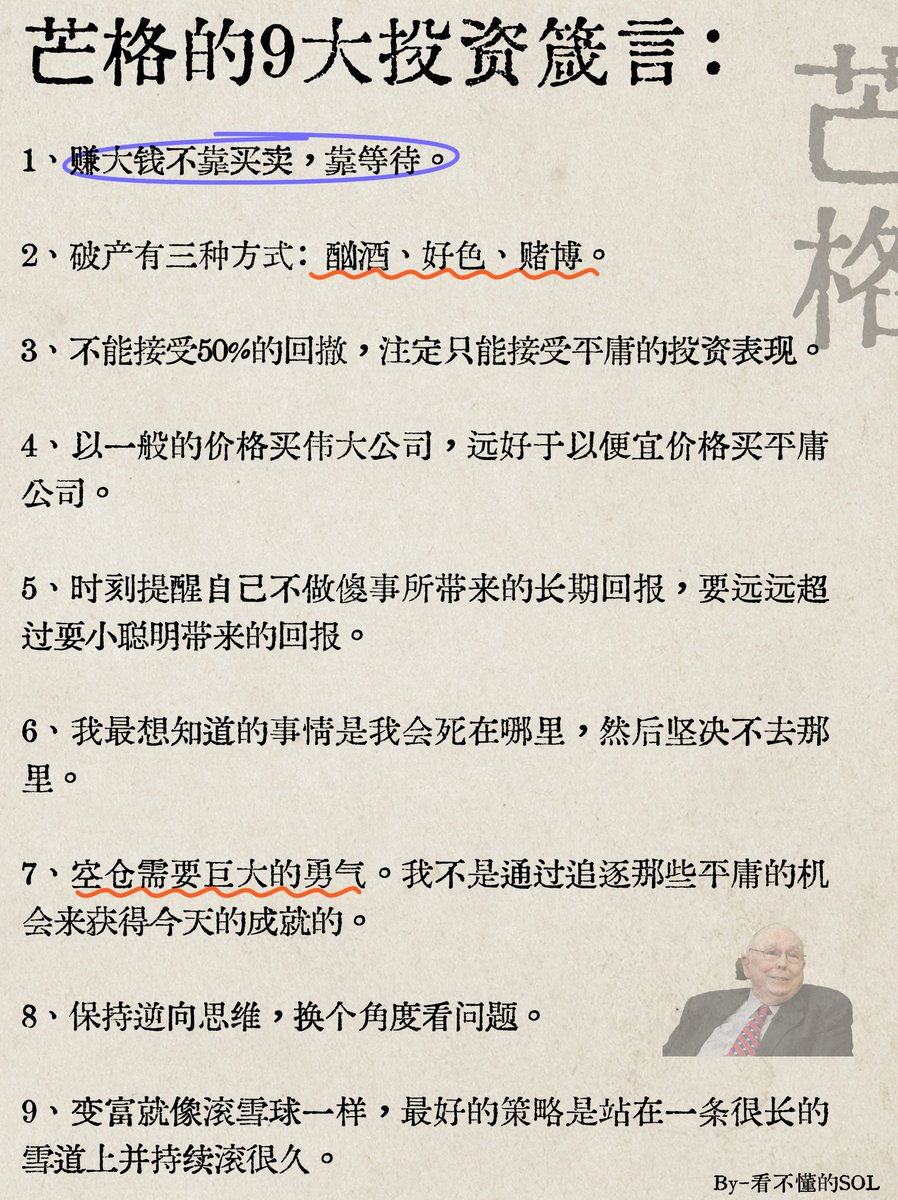 芒格的9大投资箴言，值得每一位兄弟深思：
1、赚大钱不靠买卖，靠等待。 

2、破产有三种方式：酗酒、好色、赌博。 

3、不能接受50%的回撤，注定只能接受平庸的投资表现。

4、以一般的价格买伟大公司，远好于以便宜价格买平庸公司。