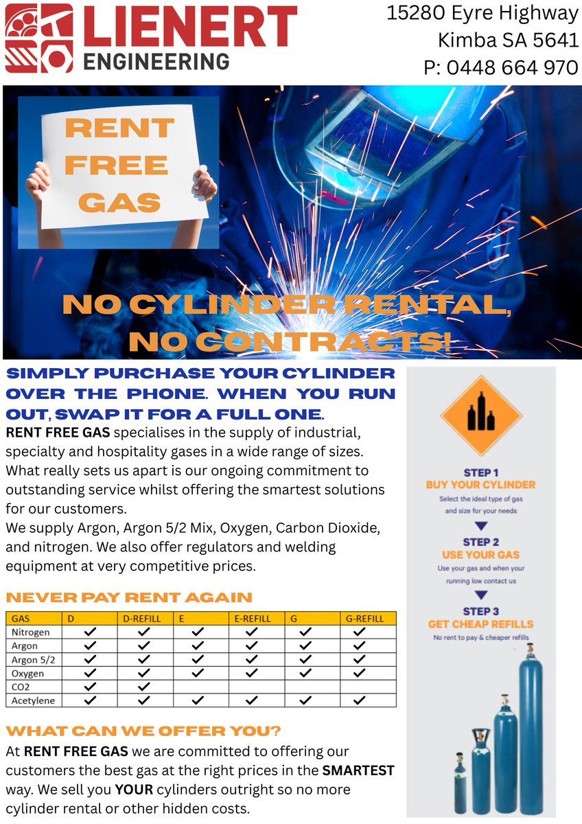 We are now stocking Rent Free Gas at Lienert Engineering. 
Discover the smart way to manage your gas needs with Rent Free Gas. No rentals, no contracts—just buy, use, and refill easily. Perfect for industrial, specialty, and hospitality applications.