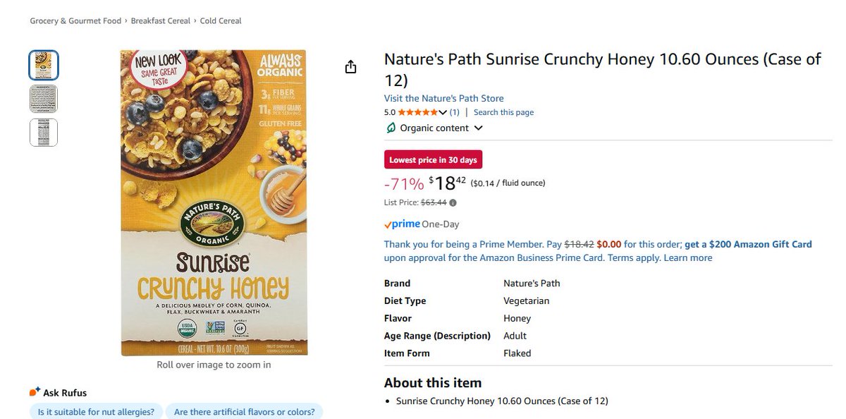 Price Error

Nature's Path Sunrise Crunchy Honey 10.60 Ounces (Case of 12)

12 pack for $18. Should be $70+

amazon.com/dp/B00QO2U4OA?…