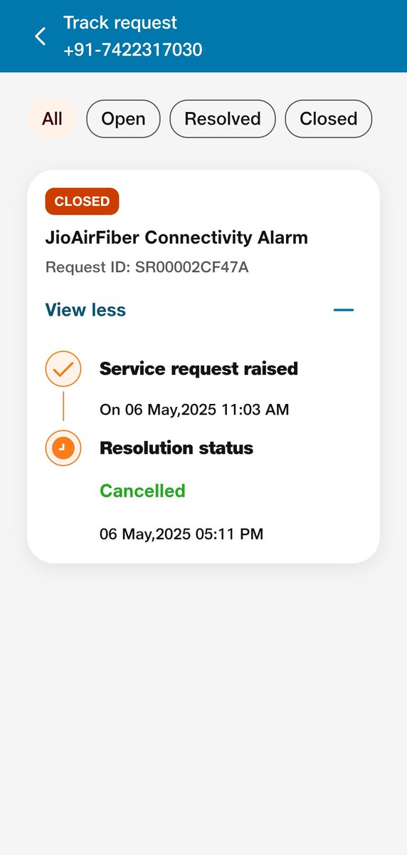 Hi <a href="/JioCare/">JioCare</a> I have raised an request because my jiofiber is not working but I didn't get any call or message from the person and my request get close I need to repair my wifi on urgent basis please send someone today