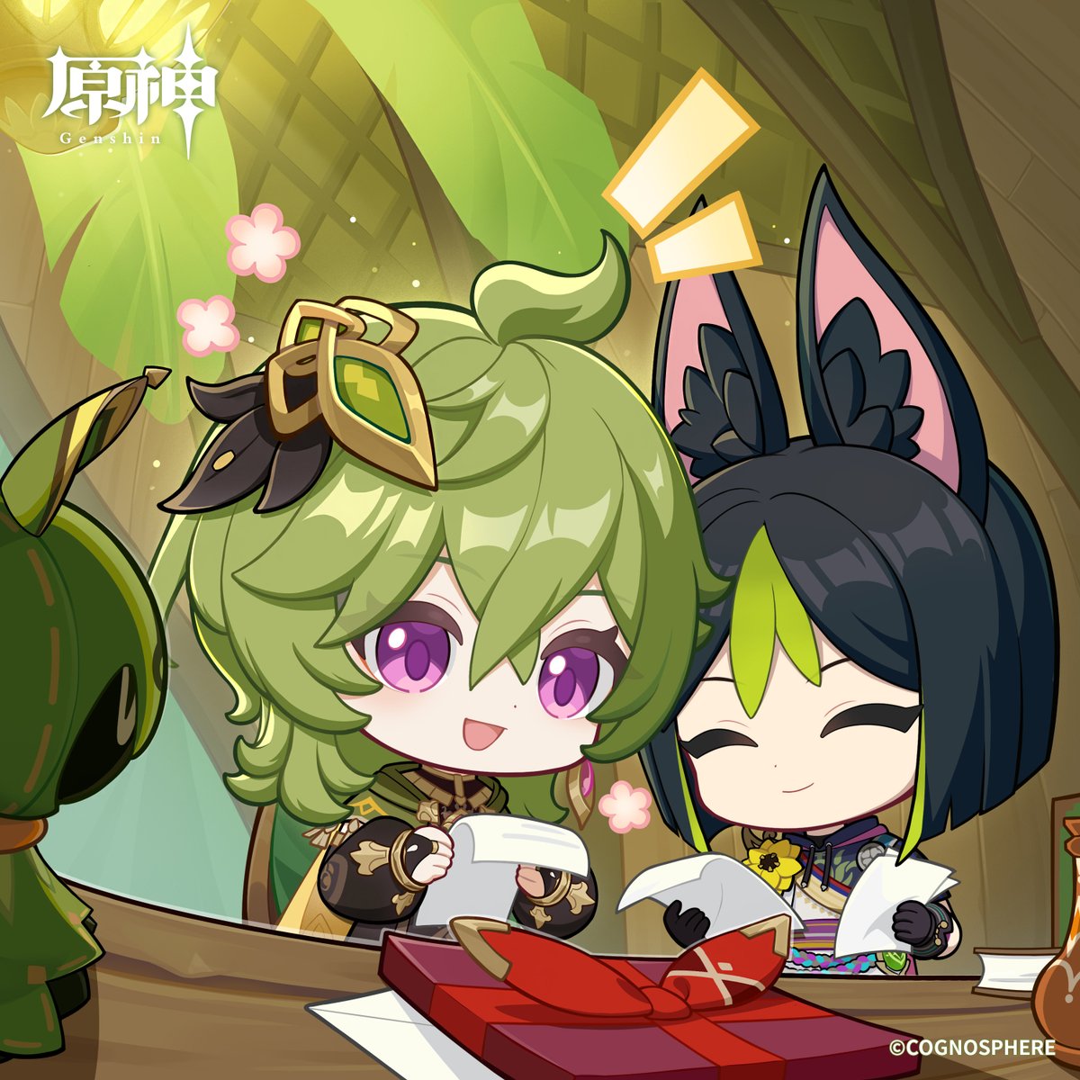 #原神_キャラ生誕祭
【#コレイ生誕祭2025】
「アンバーからの手紙だ！手紙の文字が、ちゃんと読めるぞ！お誕生日、おめでとう…だってさ！師匠、あたし、すっごく嬉しい！」