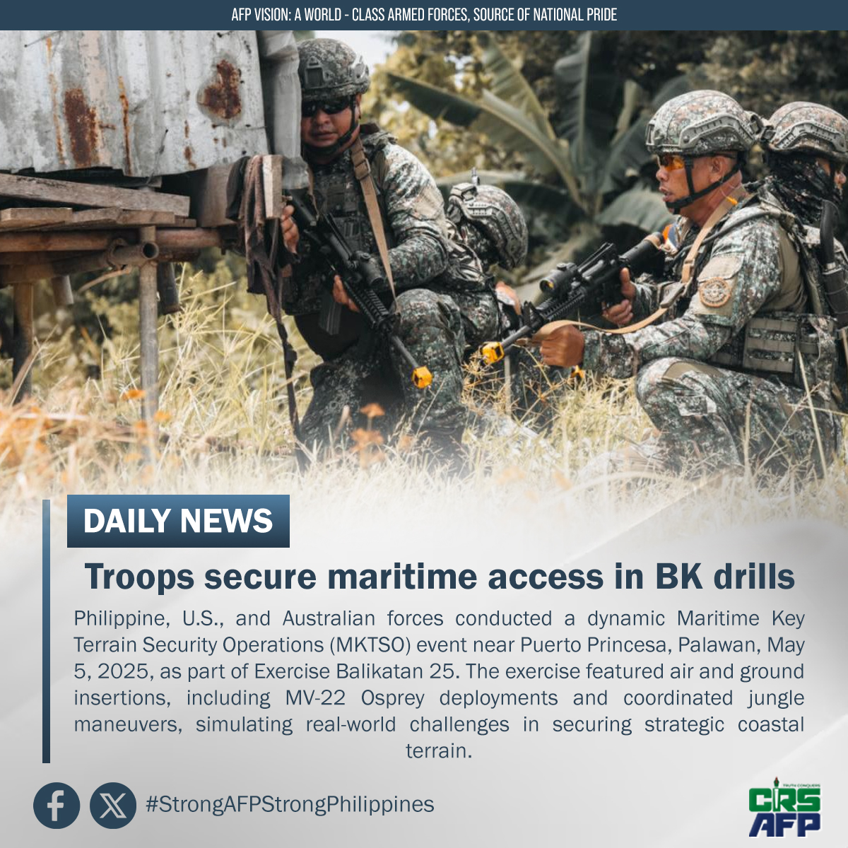 EXERCISE BALIKATAN | Troops secure maritime access in BK drills

Photos by: U.S. Marine Corps photo by Sgt. Ezekieljay Correa / DVIDS
#ExerciseBalikatan
#BK2025
#AFPyoucanTRUST
#OneAFPOnePhilippines
#StrongAFPStrongPhilippines
#OurSeasOurRightsOurFuture