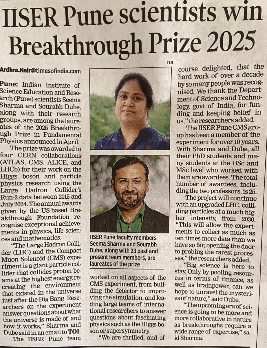 Congrats Seema, Sourabh and the rest of the team. Great to see the work done by all of you <a href="/IISERPune/">IISER Pune</a> being recognised with the #breakthroughprize