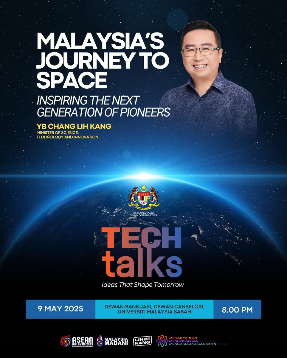 changlihkang's tweet image. Siri #TechTalks diteruskan minggu ini dengan Episod 3 yang akan berlangsung di Universiti Malaysia Sabah (UMS) — dan kali ini, kami akan memberi tumpuan kepada salah satu sektor yang paling strategik dan berpotensi tinggi untuk masa depan negara: sektor angkasa.

Malaysia kini…