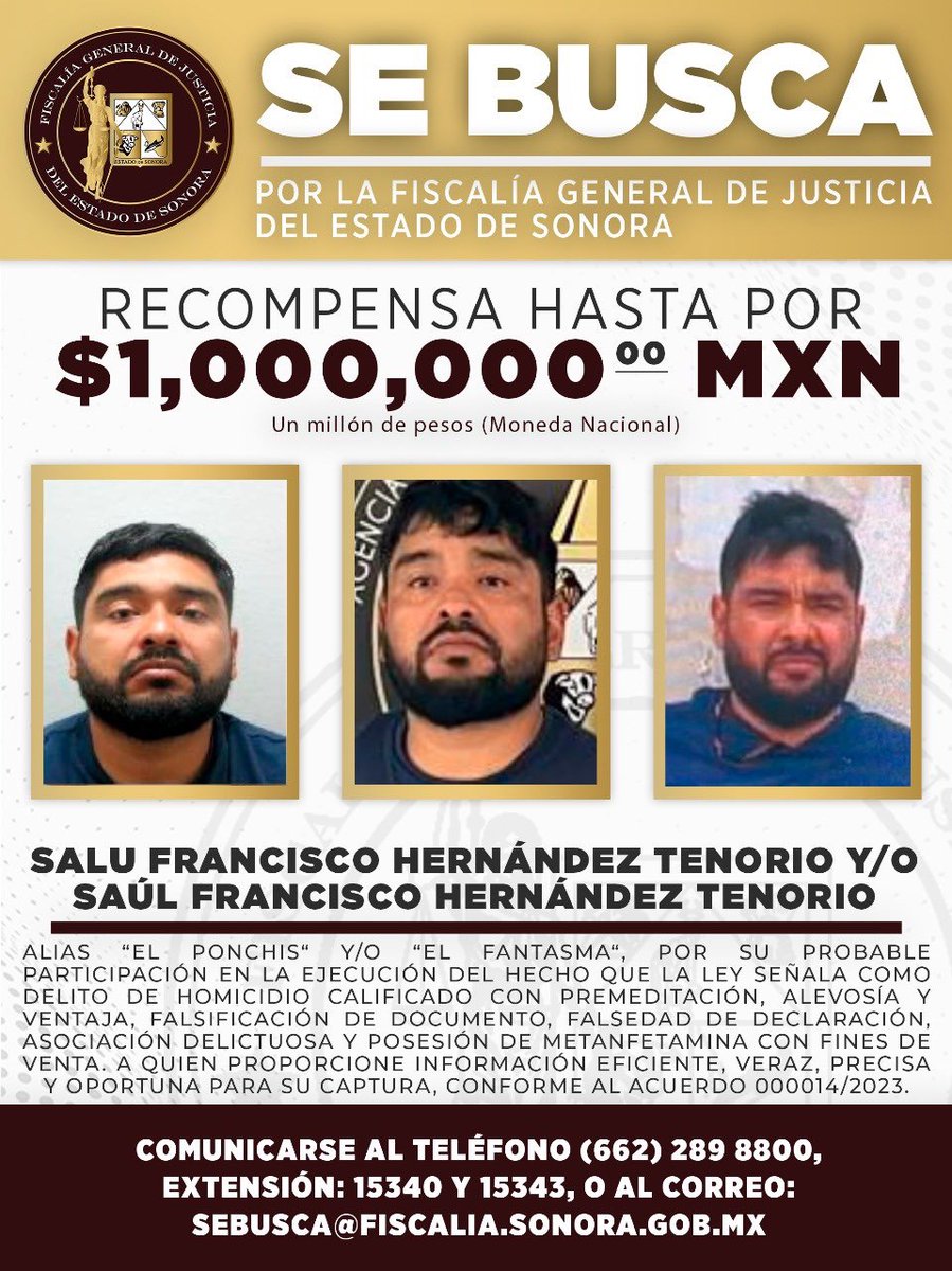 Ofrecen 1 millón de pesos por “El Ponchis”.
La <a href="/fgjesonora/">Fiscalía de Sonora</a> confirma recompensa tras su fuga del Cereso 1 en #Hermosillo. Ya hay detenidos por evasión. El capo es buscado por homicidio, narco y falsedad de documentos.