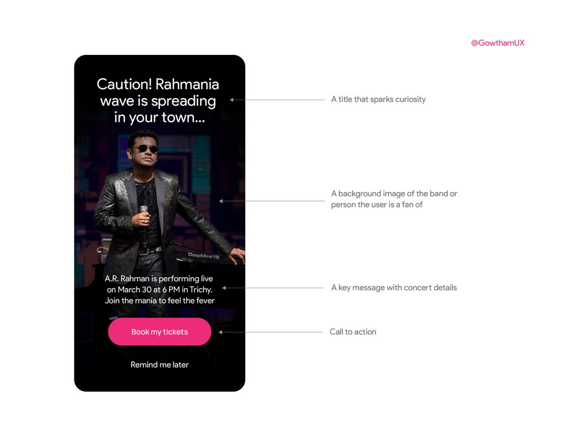 GowthamUx's tweet image. UX Writing Challenge: Day 8

Scenario: The user is a casual music fan and (on occasion) goes to live concerts. They have a music player app on their phone.

Challenge: Tell the user that one of their favourite bands is playing live in their town. #uxwriting #copywriting #uxcopy
