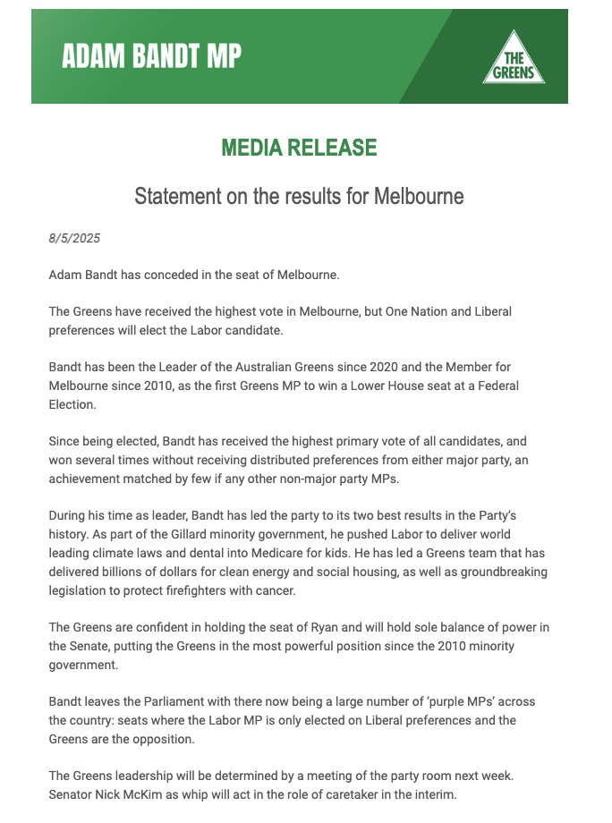 JoshButler's tweet image. just in: Adam Bandt has conceded in the seat of Melbourne 

partyroom meeting next week to decide Greens leader