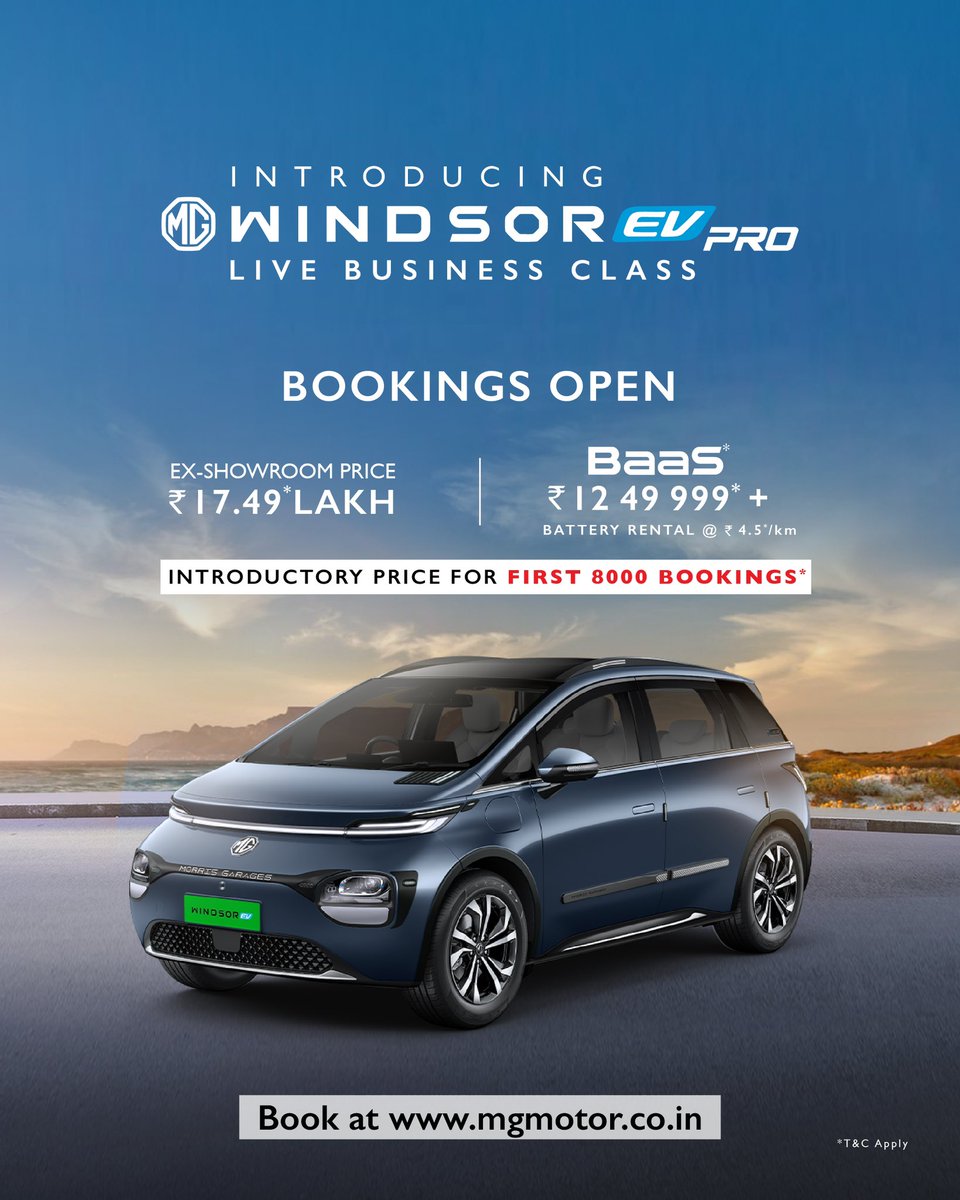 The wait is over. Bookings for the MG Windsor EV PRO are now LIVE!

Get the introductory price for the first 8000 bookings:
₹17.49* Lakh (ex-showroom)
₹12.49* Lakh + ₹4.5/km* with Battery-as-a-Service (BaaS)

Book now — mgmotor.co.in/vehicles/winds…

Your business class drive