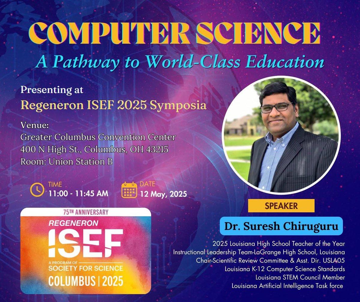 Dr. Suresh Chiruguru (@schiruguru) on Twitter photo In my journey with #ComputerScience, I am honored to have an International #STEM avenue to share my passion and expertise about improving #DigitalLiteracy across the globe, at #ISEF2025, the world's biggest Science and Engineering Fair, in Columbus, OH. <a href="/21stDigitalEd/">Dr. Suresh Chiruguru</a> #chiruguru In my journey with #ComputerScience, I am honored to have an International #STEM avenue to share my passion and expertise about improving #DigitalLiteracy across the globe, at #ISEF2025, the world's biggest Science and Engineering Fair, in Columbus, OH. <a href="/21stDigitalEd/">Dr. Suresh Chiruguru</a> #chiruguru