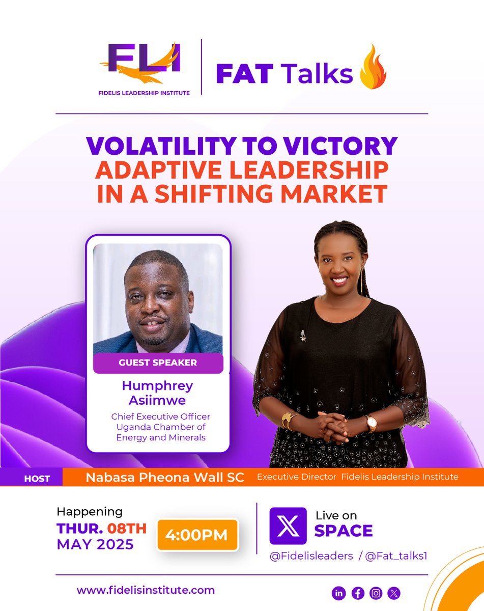 FAT Talks (@fat_talks1) on Twitter photo Today’s the day!
Join us for FAT Talks as we explore Adaptive Leadership in a Shifting Market with Humphrey Asiimwe.
🕓 4:00PM EAT
🎙️ Hosted by <a href="/PheonaWall/">Pheona Wall</a> SC
📍 Live on X: x.com/Fat_talks1/sta…
#FATTalks #Leadership <a href="/FidelisLeaders/">Fidelis Leadership Institute</a> <a href="/UgandaChamber/">Uganda Chamber of Energy & Minerals</a> <a href="/humfas/">Humphrey Asiimwe</a> <a href="/CNOOCUgandaLtd/">CNOOC Uganda Limited</a> Today’s the day!
Join us for FAT Talks as we explore Adaptive Leadership in a Shifting Market with Humphrey Asiimwe.
🕓 4:00PM EAT
🎙️ Hosted by <a href="/PheonaWall/">Pheona Wall</a> SC
📍 Live on X: x.com/Fat_talks1/sta…
#FATTalks #Leadership <a href="/FidelisLeaders/">Fidelis Leadership Institute</a> <a href="/UgandaChamber/">Uganda Chamber of Energy & Minerals</a> <a href="/humfas/">Humphrey Asiimwe</a> <a href="/CNOOCUgandaLtd/">CNOOC Uganda Limited</a>