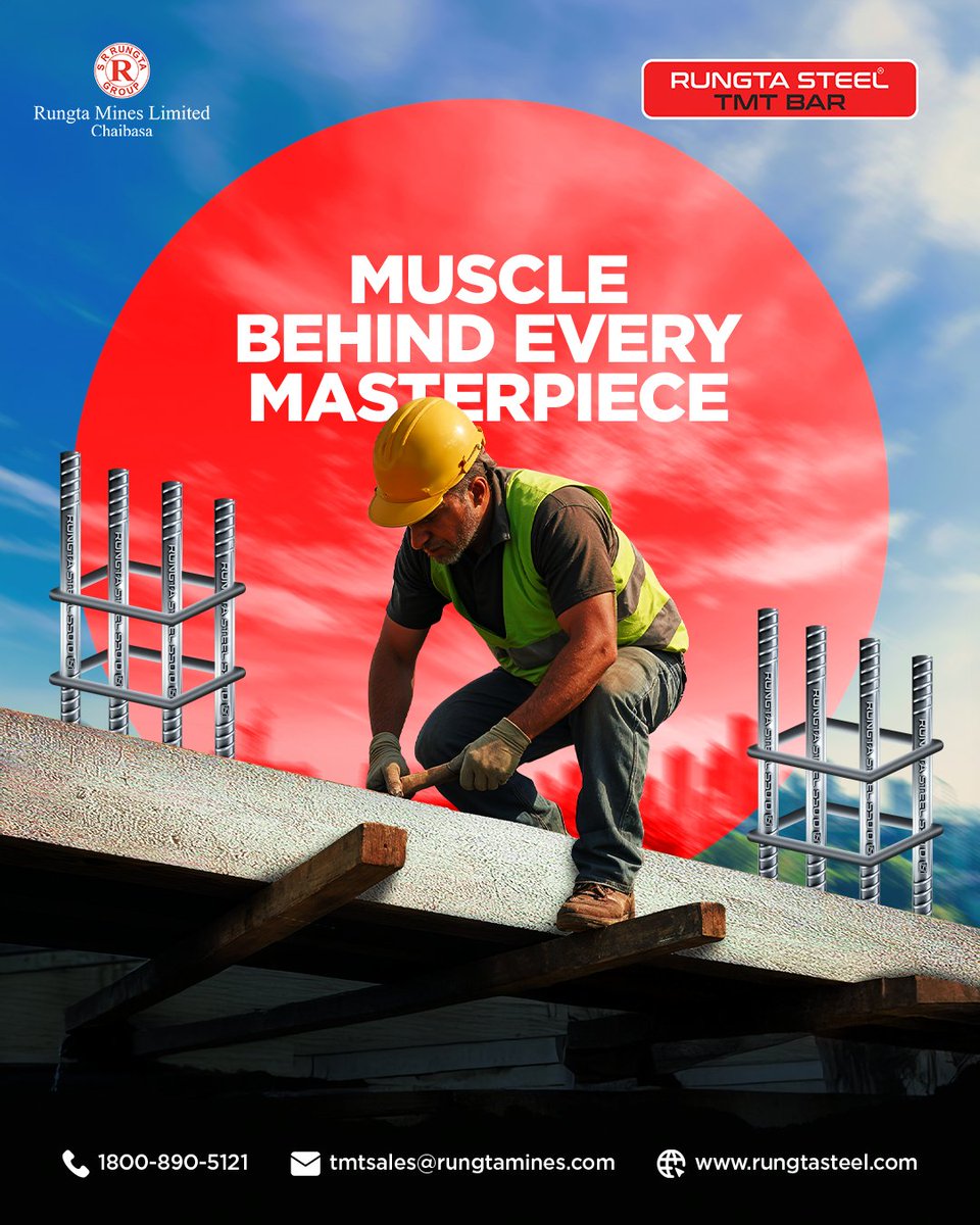 Every beam they lift, every slab they place, is backed by steel that never lets them down. Rungta Steel, a TMT that respects your effort.

#MasterpieceMuscle #Rungtasteeltmtbar#ekdumsolid#MazbootiKaNaam#TMTThatLasts  #RealStrength