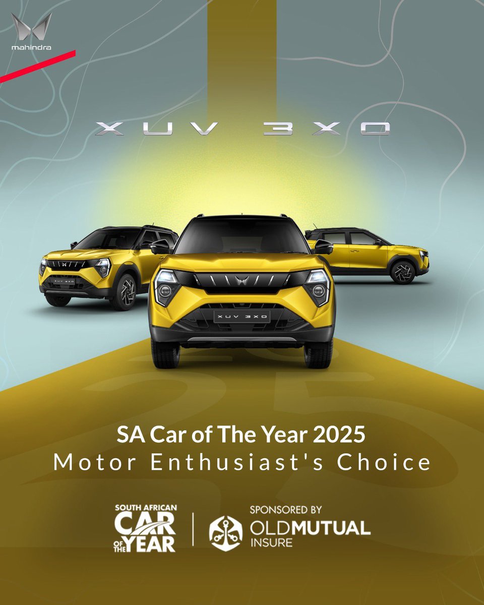 Mahindra Automotive (@mahindra_auto) on Twitter photo The people of Mzansi have spoken. The Mahindra #XUV3XO is the 2025 Motor Enthusiast’s Choice at the Old Mutual Insure South African Car of the Year Awards. With spirited performance, it’s winning hearts across SA.
Discover the X: shorturl.at/o4oGt
#MahindraSA #OMICOTY The people of Mzansi have spoken. The Mahindra #XUV3XO is the 2025 Motor Enthusiast’s Choice at the Old Mutual Insure South African Car of the Year Awards. With spirited performance, it’s winning hearts across SA.
Discover the X: shorturl.at/o4oGt
#MahindraSA #OMICOTY
