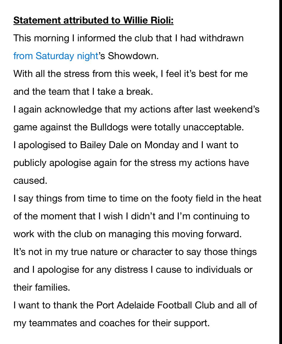 Willie Rioli’s statement on decision to withdraw from Saturday’s Showdown 57 <a href="/7NewsAdelaide/">7NEWS Adelaide</a> <a href="/7AFL/">7AFL</a>