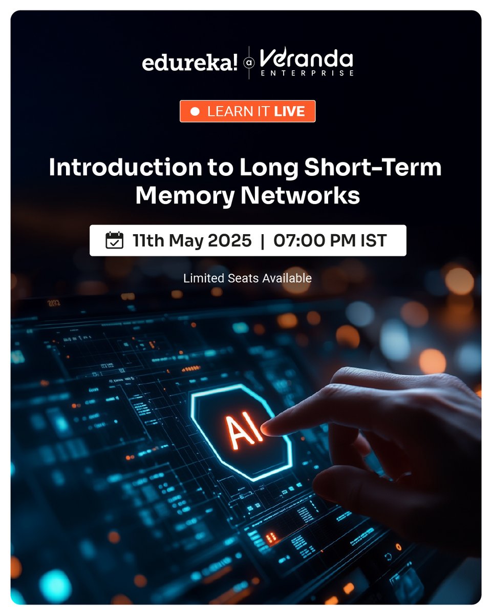 edurekaIN's tweet image. 🚨#Webinar Alert🚨
Join us this Sunday ( May 11 2025) at 7:00 PM for an insightful session on AI!
Dive into the world of #LongShortTermMemory (LSTM) #Networks and unlock the power of deep learning!

#RegisterNow- edrk.in/4qwDJ2O
Limited Seats Available! 🛋

#AIWebinar