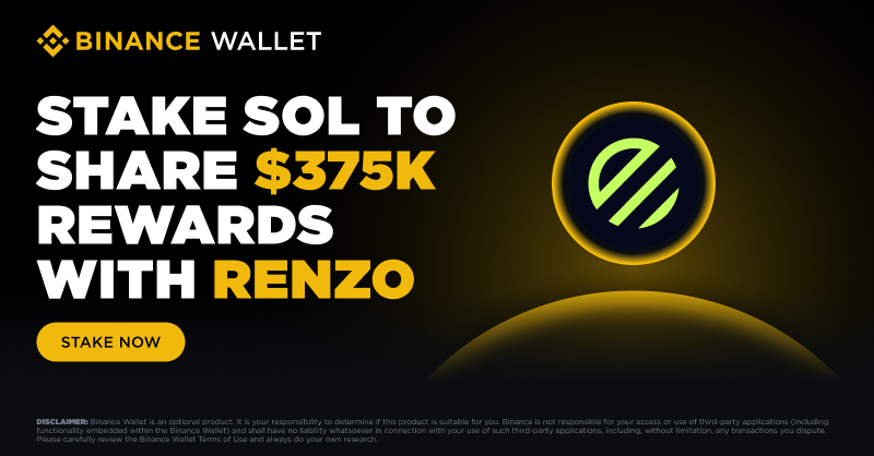 BinanceWallet's tweet photo. Here's your chance to win more rewards with @renzoai!

Stake SOL to the #BinanceWallet Earn bzSOL or ezSOL Strategies to win a share of $375,000 $REZ rewards!

Check it out now! ⤵️
