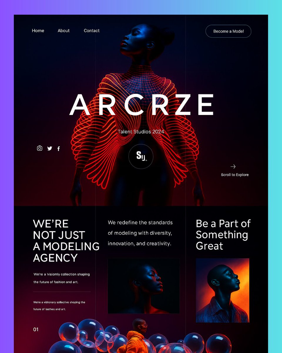 codeforkal's tweet image. Diving into the future of fashion with this bold landing page concept for ARCRZE.
Sleek visuals, vibrant lighting, and a layout designed to captivate.
Modeling isn't just style, it's storytelling.