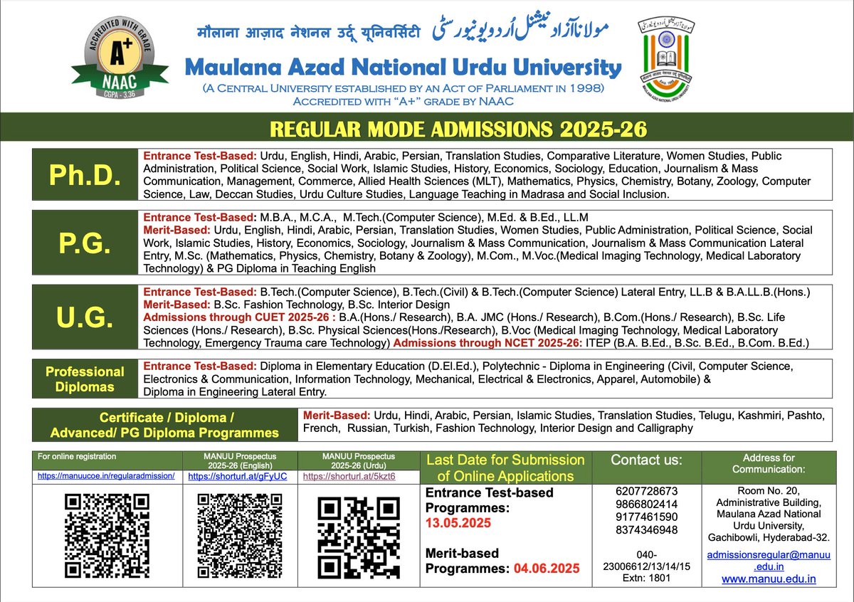 Last date for Entrance Applications: 13th May 2025
Last date for Merit Applications: 04th June 2025

Apply here:
manuucoe.in/regularAdmissi…
Kindly follow the link for further details:
manuu.edu.in/Regular-Admiss…
Link for prospectus of Regular Courses 2025-2026:
manuucoe.in/RegularAdmissi…