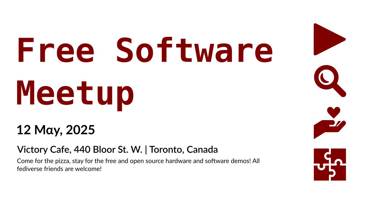 fsf's tweet image. There&apos;s almost twenty #LibreLocal #meetups scheduled, including one in #Toronto, #Canada! fsf.org/events/communi… #FreeSoftware #FSF40