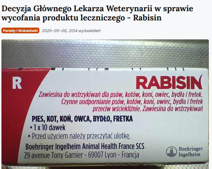 Główny Lekarz Weterynarii właśnie wycofał zawierającą rtęć i aluminium szczepionkę przeciw wściekliźnie (Rabisin): paraliż, utrata czucia, śmierć, inne
ogloszenia.kynologia.org/blog/article/w…

Wystarczyło 12 przypadków poważnych NOP w ciągu 5 tygodni

To są najcięższe przypadki, mniej dotkliwe