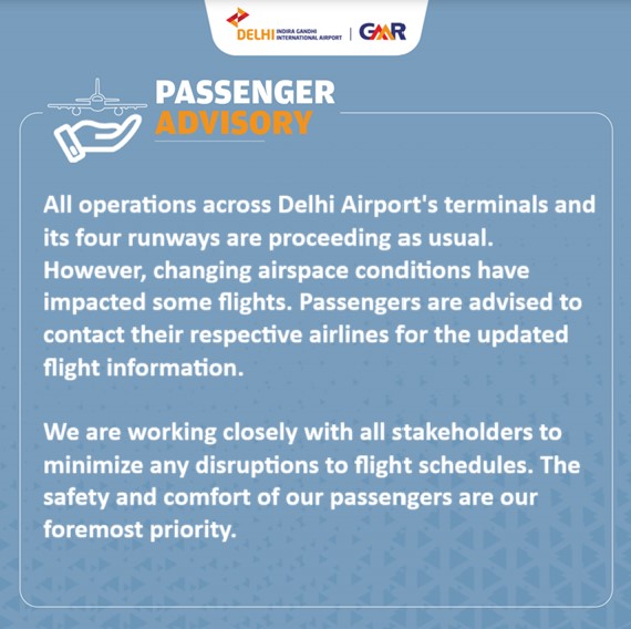 DelhiAirport's tweet photo. Passenger Advisory issued at 10:36 Hrs

#DelhiAirport #PassengerAdvisory https://t.co/QSQ6MSkCqj