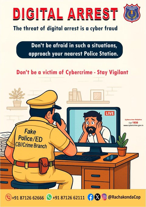 #TodaysThemePoster ⚠️ “Digital Arrest” is a SCAM! 📷 Cybercriminals are impersonating police and enforcement agencies over video calls, threatening innocent people with fake arrest notices.  📷 Don’t share your personal info. 📷 Don’t transfer money out of fear. ❌