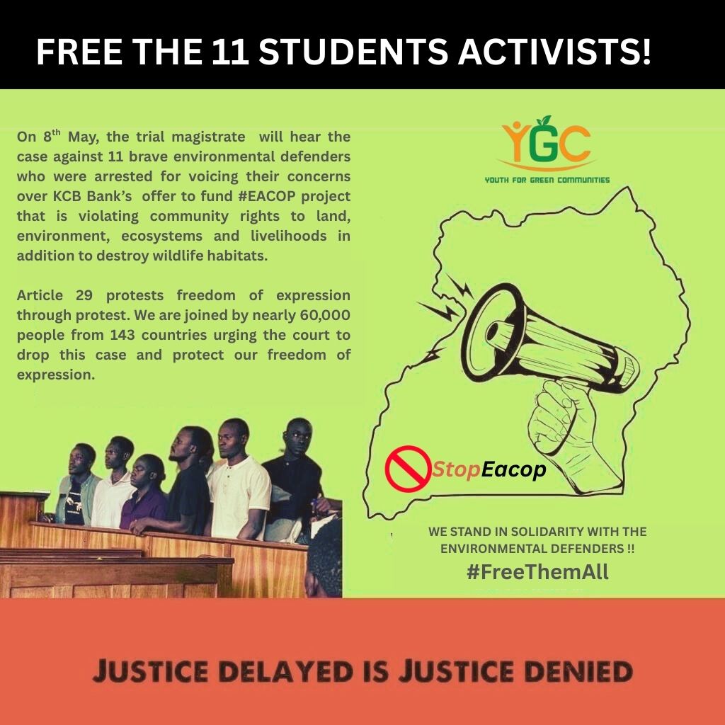 Youth For Green Communities (YGC). (@ygcuganda) on Twitter photo Marching with a petition is NOT a crime. But 11 youth activists are on trial for doing just that opposing @KCBGroup's support for the destructive #EACOP project. We say: Drop the charges. Defend our rights.
#JusticeForTheDefenders <a href="/YGCUganda/">Youth For Green Communities (YGC).</a> Marching with a petition is NOT a crime. But 11 youth activists are on trial for doing just that opposing @KCBGroup's support for the destructive #EACOP project. We say: Drop the charges. Defend our rights.
#JusticeForTheDefenders <a href="/YGCUganda/">Youth For Green Communities (YGC).</a>