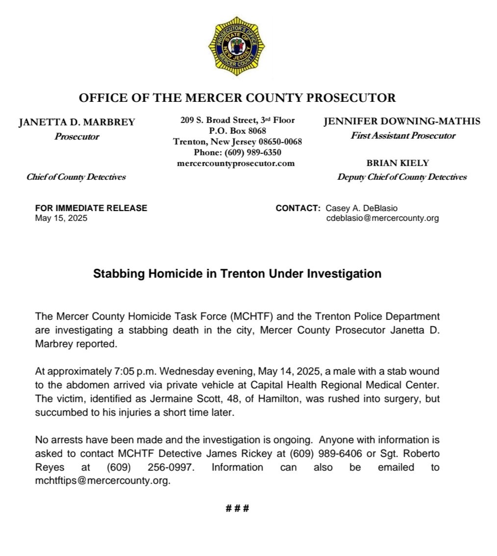 Stabbing Homicide in Trenton Under Investigation