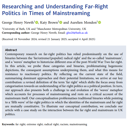 Katy Brown (@katy_brown4) on Twitter photo New article out in <a href="/JournalREP/">Journal of Race, Ethnicity, and Politics</a> with <a href="/georgenewth/">George Newth</a> and <a href="/aurelmondon/">Aurelien Mondon</a>:
𝐑𝐞𝐬𝐞𝐚𝐫𝐜𝐡𝐢𝐧𝐠 𝐚𝐧𝐝 𝐔𝐧𝐝𝐞𝐫𝐬𝐭𝐚𝐧𝐝𝐢𝐧𝐠 𝐅𝐚𝐫-𝐑𝐢𝐠𝐡𝐭 𝐏𝐨𝐥𝐢𝐭𝐢𝐜𝐬 𝐢𝐧 𝐓𝐢𝐦𝐞𝐬 𝐨𝐟 𝐌𝐚𝐢𝐧𝐬𝐭𝐫𝐞𝐚𝐦𝐢𝐧𝐠
Short 🧵 on the key ideas: 1/ New article out in <a href="/JournalREP/">Journal of Race, Ethnicity, and Politics</a> with <a href="/georgenewth/">George Newth</a> and <a href="/aurelmondon/">Aurelien Mondon</a>:
𝐑𝐞𝐬𝐞𝐚𝐫𝐜𝐡𝐢𝐧𝐠 𝐚𝐧𝐝 𝐔𝐧𝐝𝐞𝐫𝐬𝐭𝐚𝐧𝐝𝐢𝐧𝐠 𝐅𝐚𝐫-𝐑𝐢𝐠𝐡𝐭 𝐏𝐨𝐥𝐢𝐭𝐢𝐜𝐬 𝐢𝐧 𝐓𝐢𝐦𝐞𝐬 𝐨𝐟 𝐌𝐚𝐢𝐧𝐬𝐭𝐫𝐞𝐚𝐦𝐢𝐧𝐠
Short 🧵 on the key ideas: 1/
