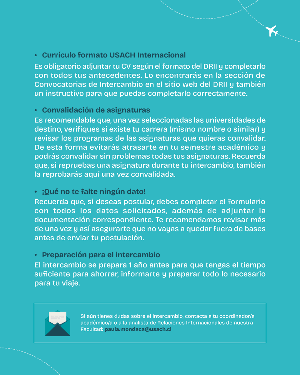 Facultad de Ciencia (@ciencia_usach) on Twitter photo ¡Ya está abierta la Convocatoria de Movilidad Estudiantil Internacional 2025! 🌍✈️
📅 Postula hasta el 12 de junio a Convenios Bilaterales, Beca Santander o ambos. Revisa tips, destinos y requisitos en el sitio de <a href="/usachinter/">Usach Internacional</a>
👉¿Dudas? Escribe a paula.mondaca@usach.cl ¡Ya está abierta la Convocatoria de Movilidad Estudiantil Internacional 2025! 🌍✈️
📅 Postula hasta el 12 de junio a Convenios Bilaterales, Beca Santander o ambos. Revisa tips, destinos y requisitos en el sitio de <a href="/usachinter/">Usach Internacional</a>
👉¿Dudas? Escribe a paula.mondaca@usach.cl