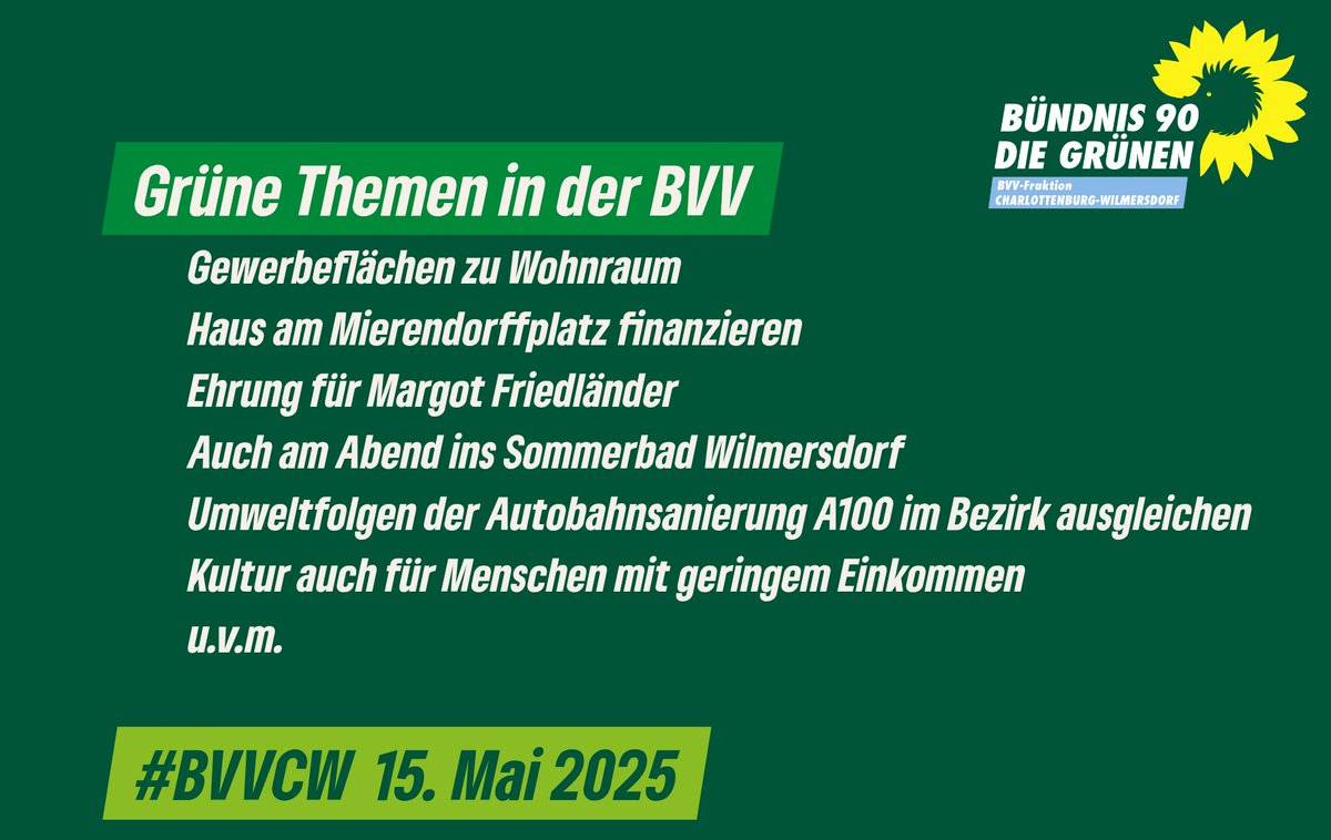 Heute 17 Uhr im Rathaus &amp; Livestream #BVVCW: youtube.com/watch?v=8A25r6…

Grüne Themen:
❤️Ehrung für Margot Friedländer
🌻Gewerbeflächen zu Wohnraum
🌻 Haus am Mierendorffplatz finanzieren
🌻Kultur auch für Menschen mit geringem Einkommen
u.v.m.

Infos: gruene-fraktion-cw.de/themen/archiv-…