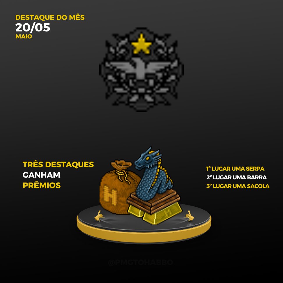 ⭐ No dia 20 de maio, será divulgado o destaque do mês de maio do GTO!
Os prêmios são:

1º lugar - Serpa Dragão Lápis Lazuli
2º lugar - 50 moedas 
3º lugar - 20 moedas

Fique ligado!